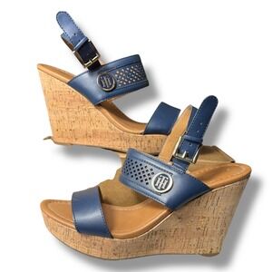 TH‎ Tommy Hilfiger Wedge Sandals Cork Platform Ankle Strap Blue Size 8M